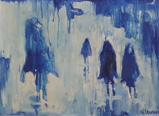 James Lawrence Isherwood (1917-1988) Study in blue of figures on a street 9.75 x 13.75in.